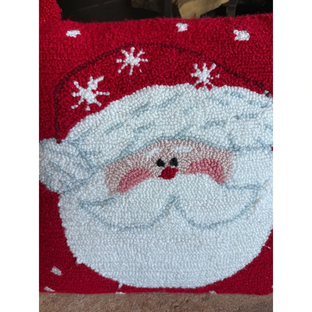 Christmas Decor Santa and Snowman Hand Hooked Throw Pillow Set Red Holiday 15X14